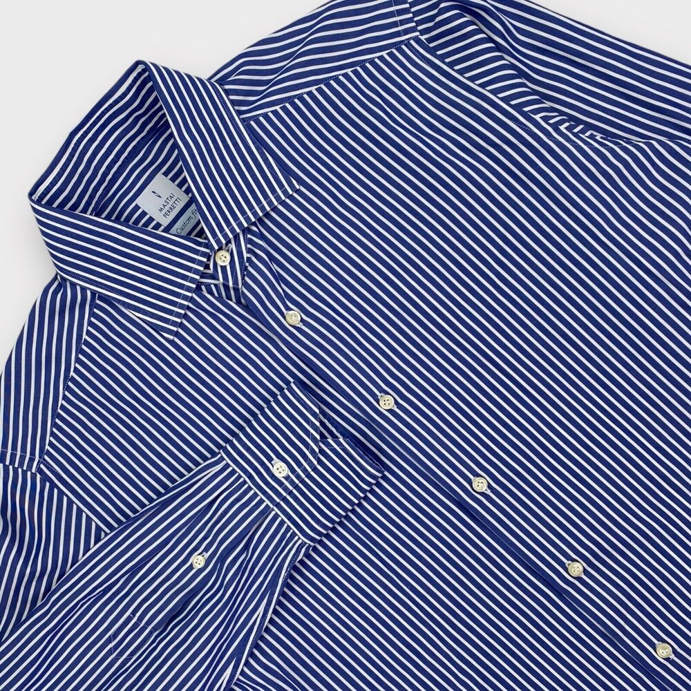 $179 Mastai Ferretti Shirt Mens 15 ¾ Blue Striped Custom Fit Italy Made Spread